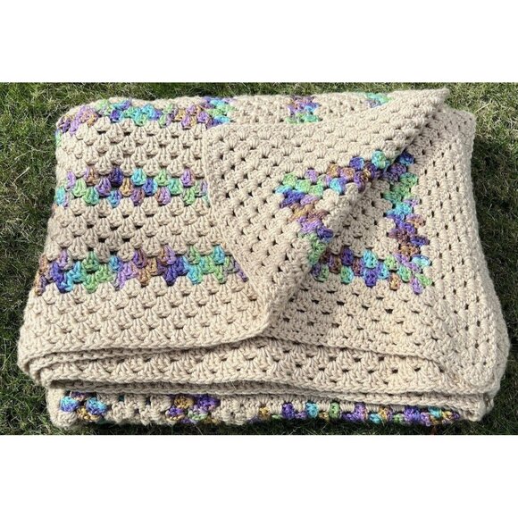 Tan & Mermaid Rainbow 71 X 83 Crochet Blanket Bedspread Love Granny Cottage Core - Picture 2 of 8